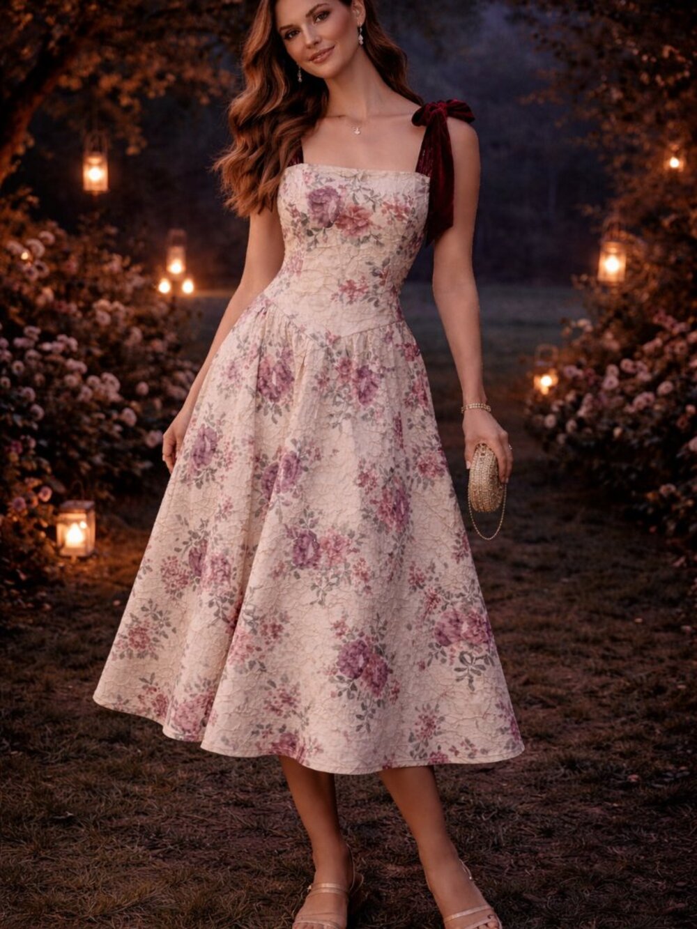 Francesca's Collections Cream Floral Midi Dress with Wine Tie Straps Tapestry
